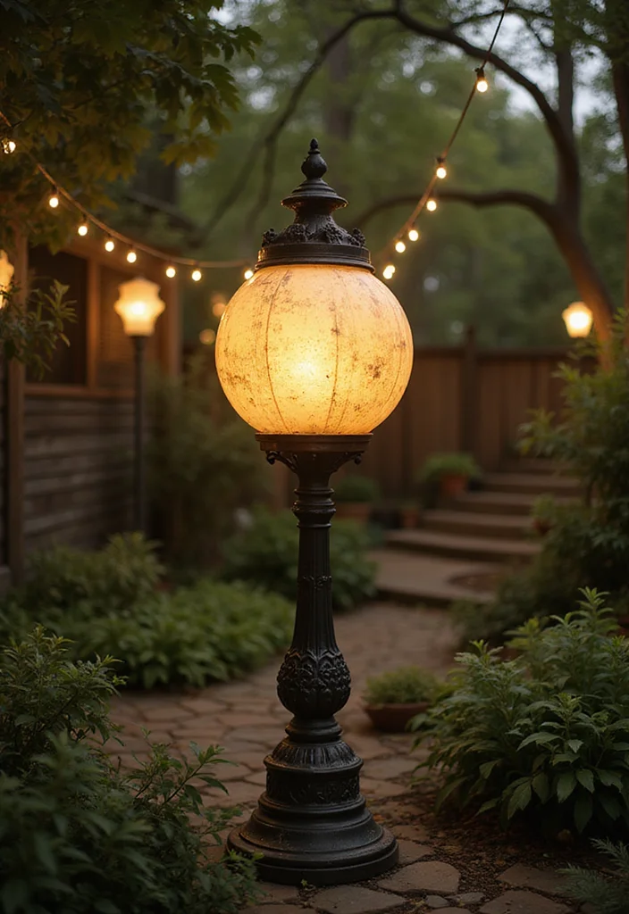 12 Backyard Lamp Post Ideas for Cozy Evening Lighting - 8. Vintage-Inspired Globe Lights