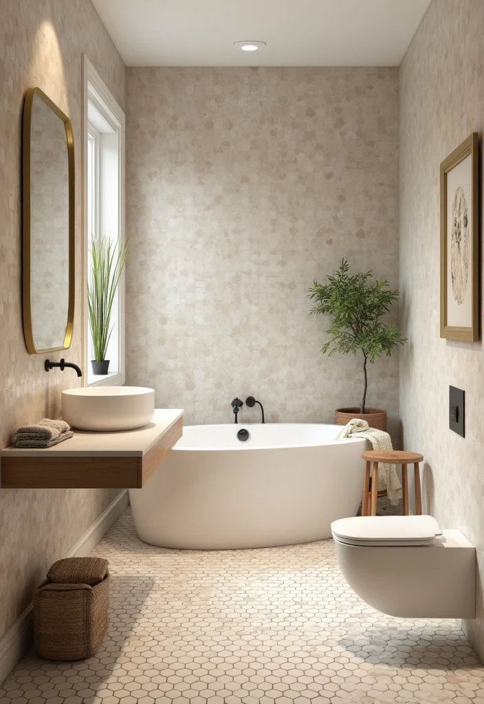 12 Beige Bathroom Tile Ideas for Soft Neutral Style - 2. Hexagon Beige Mosaic Tiles