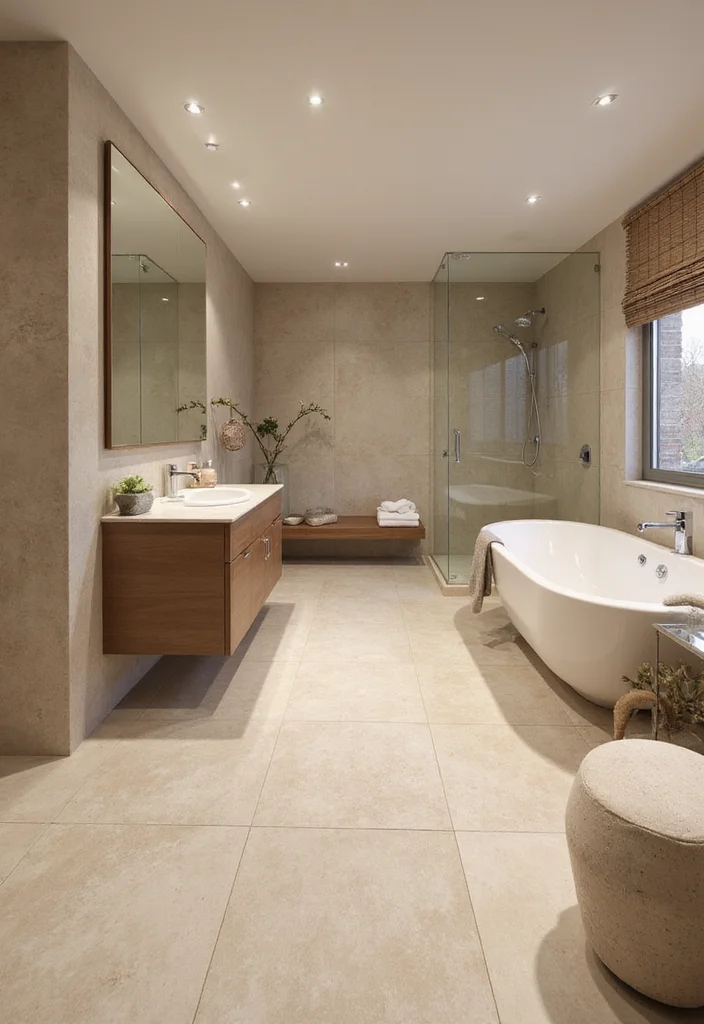 12 Beige Bathroom Tile Ideas for Soft Neutral Style - 3. Large Format Beige Tiles