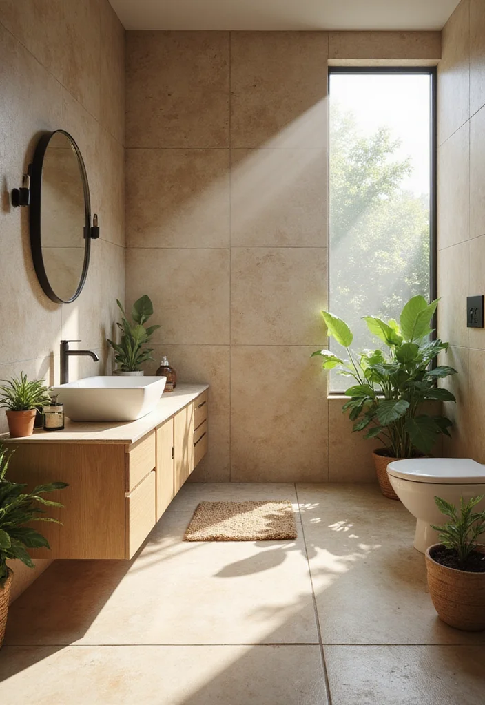 12 Beige Bathroom Tile Ideas for Soft Neutral Style - 5. Biophilic Design with Natural Stone Tiles