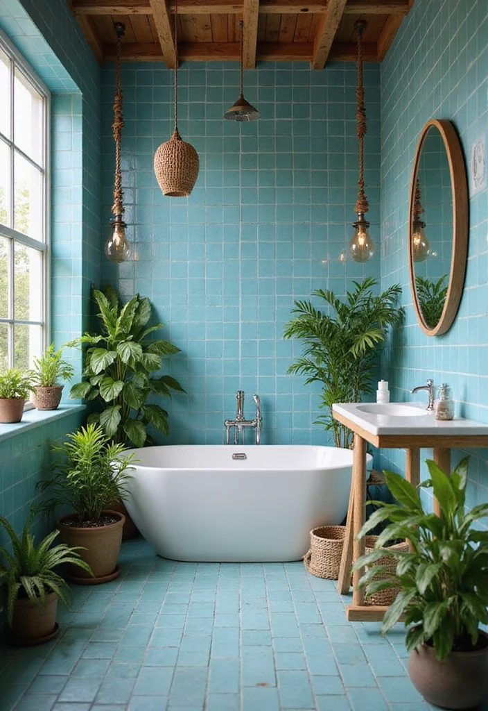 12 Blue Tile Bathroom Ideas for a Clean Coastal Feel - 11. Biophilic Design with Blue Tiles
