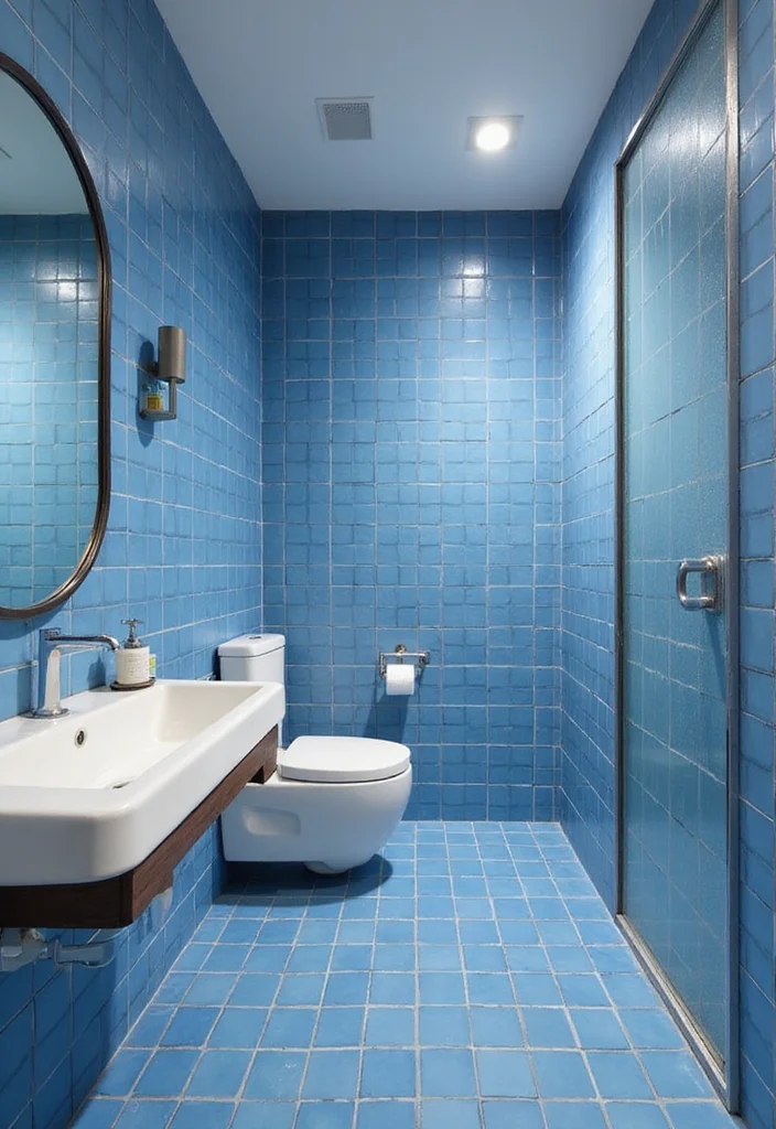 12 Blue Tile Bathroom Ideas for a Clean Coastal Feel - 9. Blue Grout for a Unique Twist