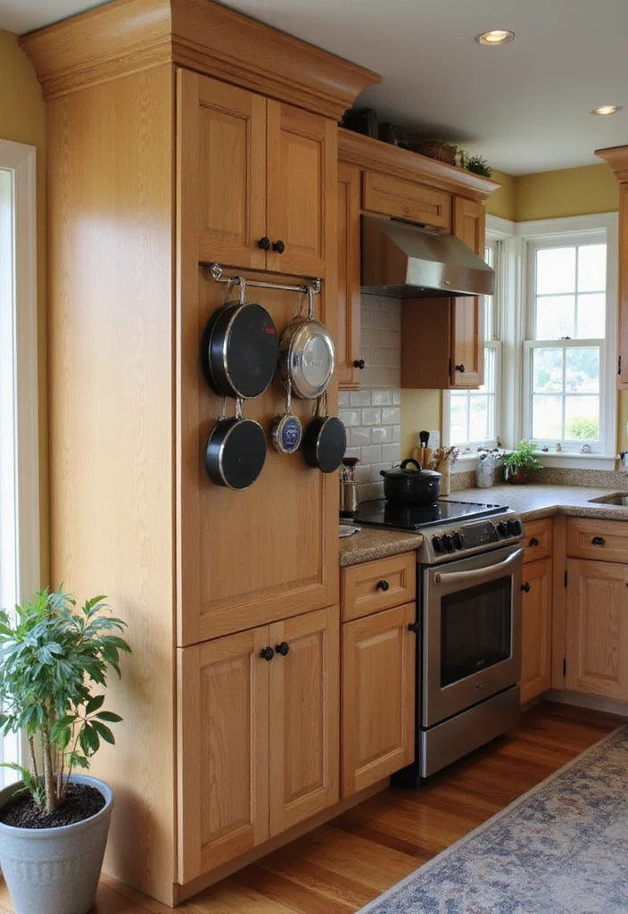 12 End of Kitchen Cabinet Ideas for Extra Storage Solutions - 7. Hanging Pot Racks