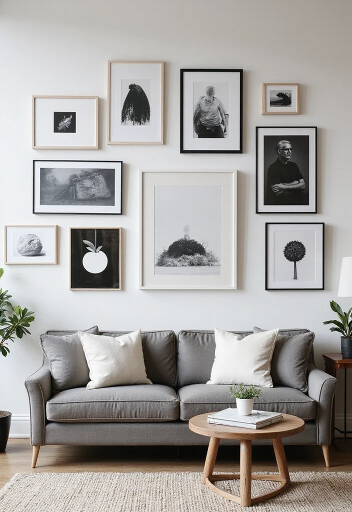 12 Grey Black and White Living Room Ideas for Sleek Contrast 78 12 Grey Black and White Living Room Ideas for Sleek Contrast - 8. Gallery Wall of Contrast