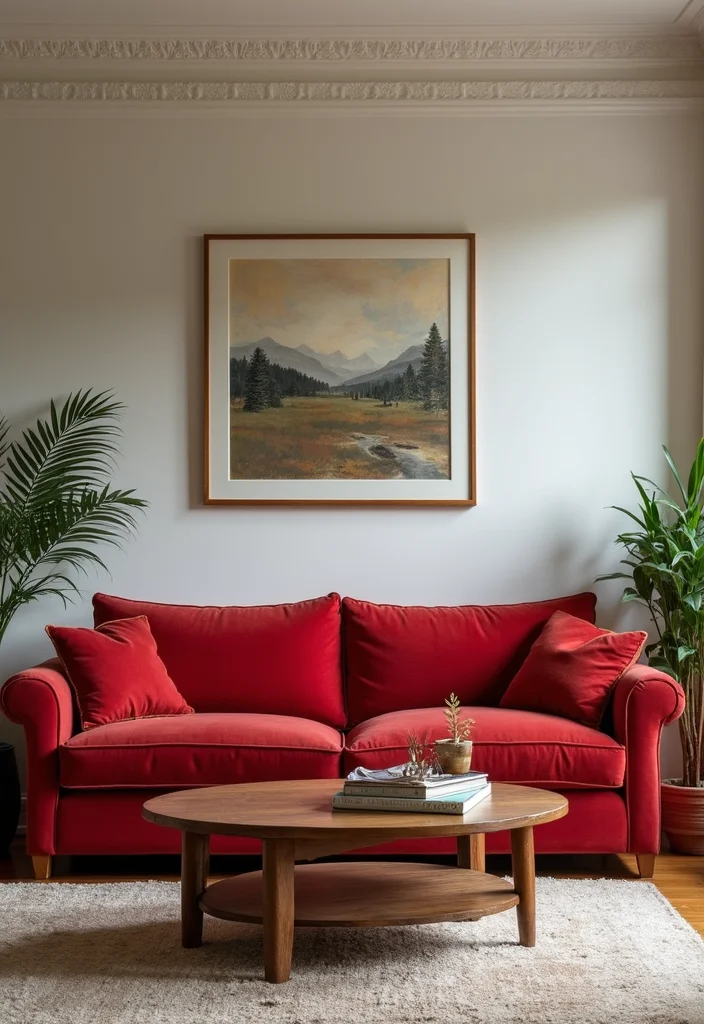 12 Red Couch Living Room Ideas with Modern Vibrant Style - 11. Mix Vintage and Contemporary Elements