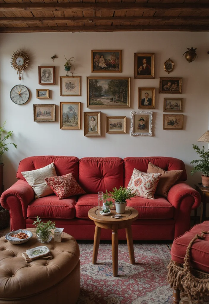 12 Red Couch Living Room Ideas with Modern Vibrant Style - 12. Personalize with Souvenirs and Mementos