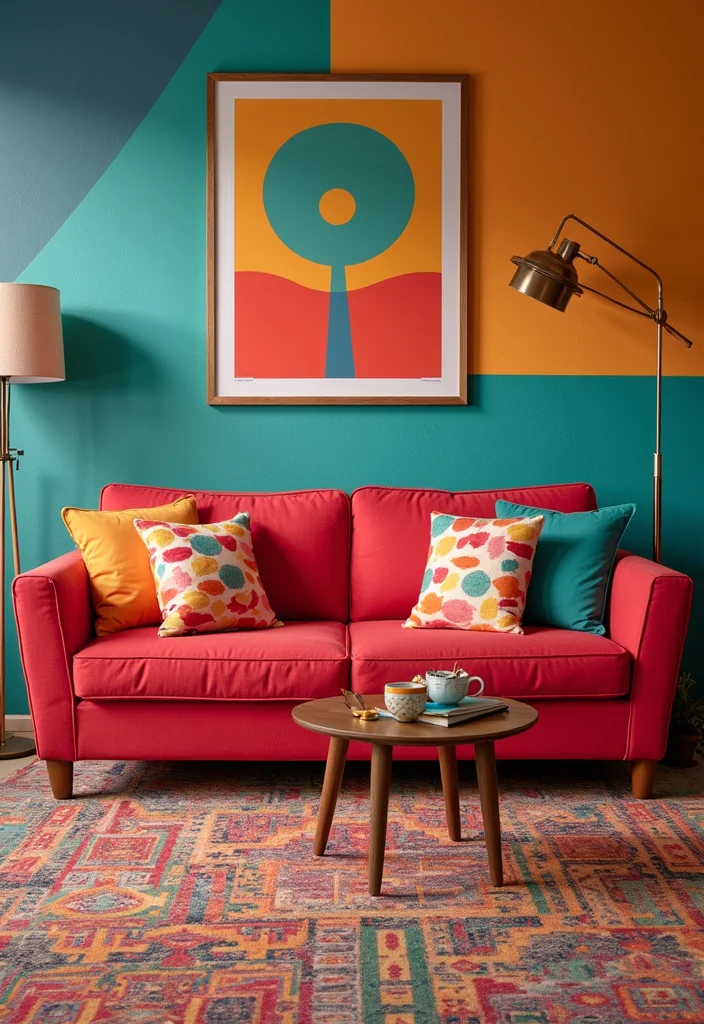 12 Red Couch Living Room Ideas with Modern Vibrant Style - 2. Play with Bold Patterns