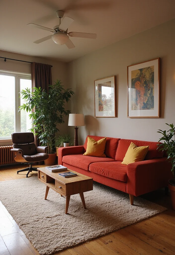 12 Red Couch Living Room Ideas with Modern Vibrant Style - 3. Incorporate Mid-Century Modern Accents