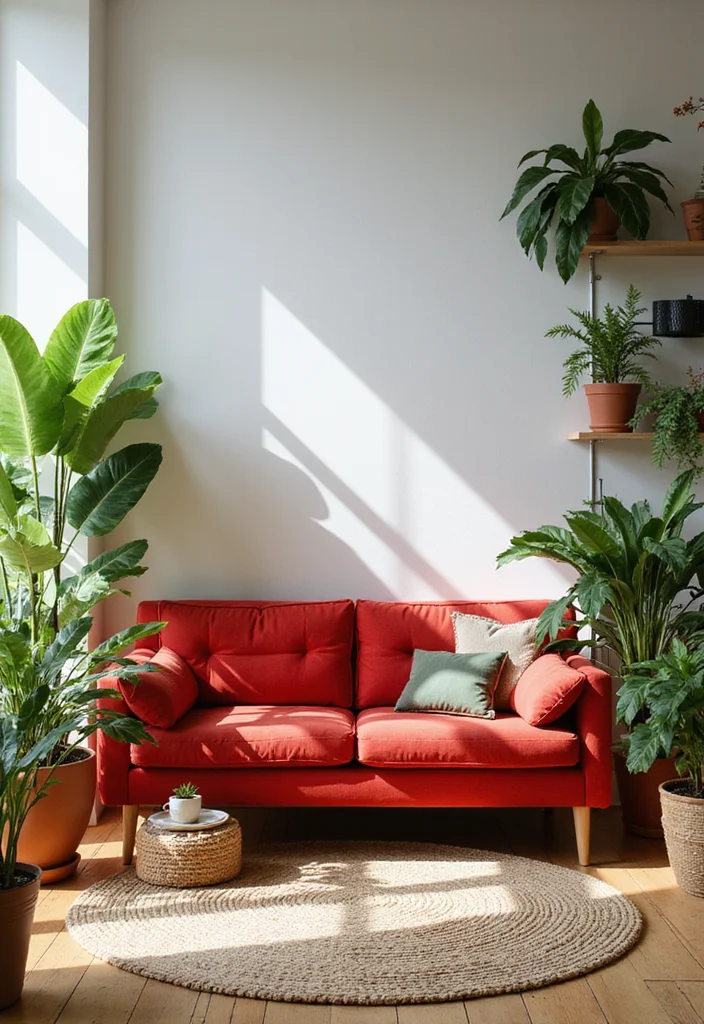 12 Red Couch Living Room Ideas with Modern Vibrant Style - 4. Add Greenery for a Fresh Touch