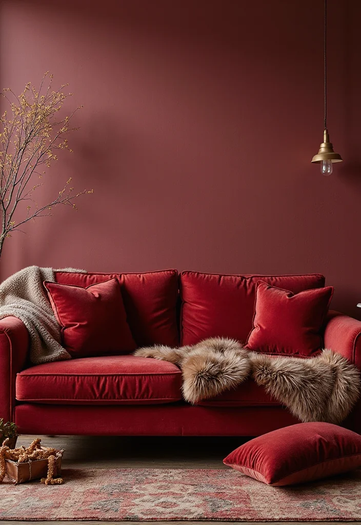 12 Red Couch Living Room Ideas with Modern Vibrant Style - 5. Layer Textures for Depth