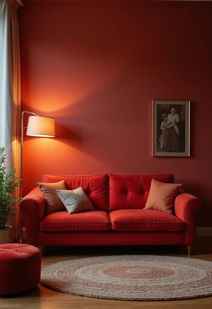 12 Red Couch Living Room Ideas with Modern Vibrant Style - 6. Use Statement Lighting