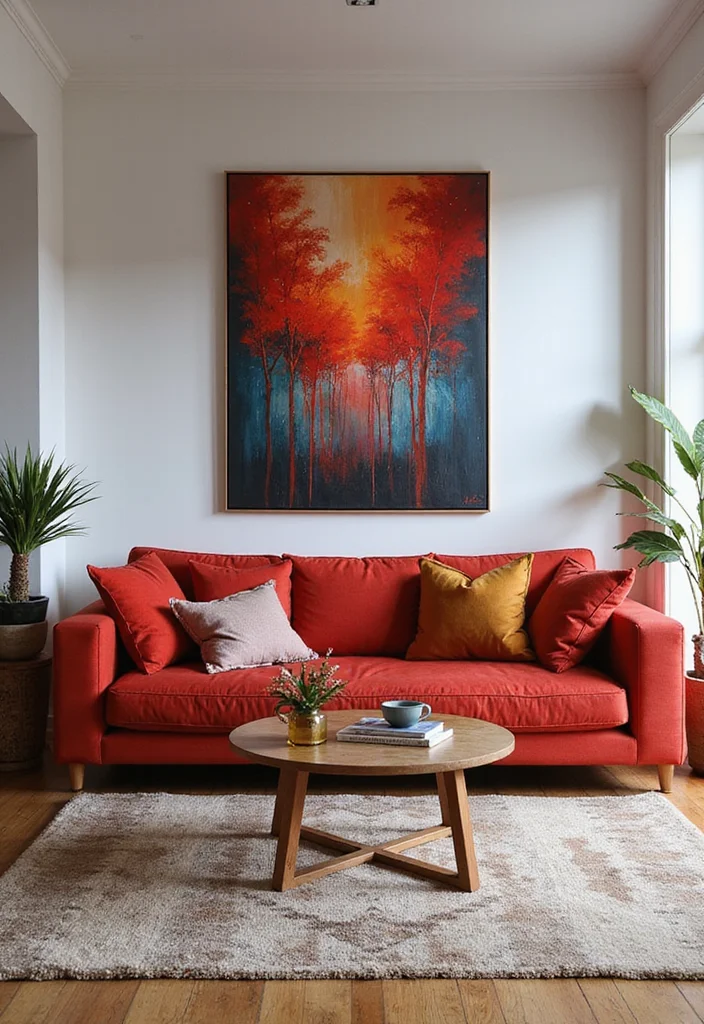 12 Red Couch Living Room Ideas with Modern Vibrant Style - 7. Accent with Artwork