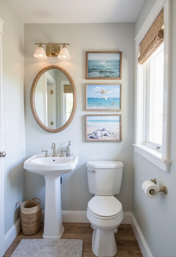12 Small Blue Bathroom Ideas to Brighten and Open Your Space 45 12 Small Blue Bathroom Ideas to Brighten and Open Your Space - 5. Coastal Artwork
