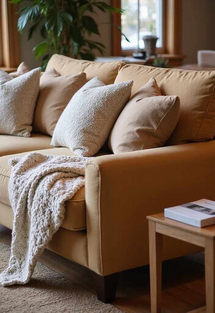 12 Tan Sofa Living Room Ideas for Warm Neutral Style - 1. Layered Textiles for Cozy Comfort