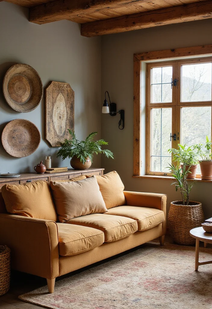 12 Tan Sofa Living Room Ideas for Warm Neutral Style - 3. Rustic Accents to Warm Up the Space