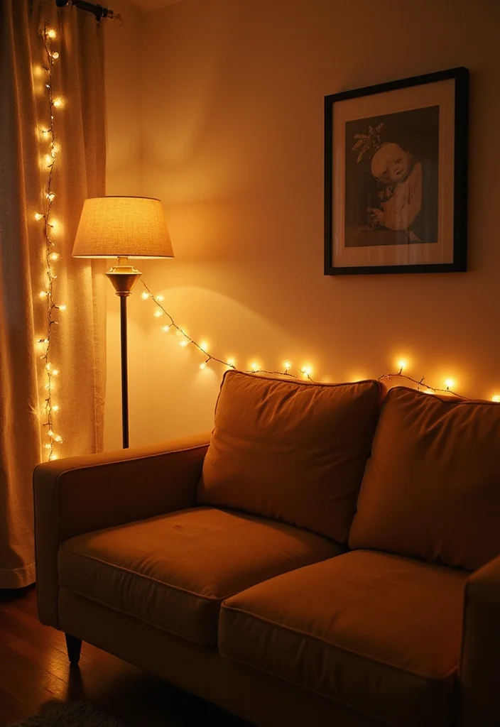 12 Tan Sofa Living Room Ideas for Warm Neutral Style - 6. Warm Lighting for a Cozy Ambiance