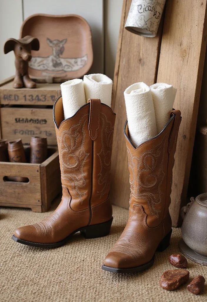 12 Western Bathroom Ideas That Bring Ranch Style Indoors - 1. Cowboy Boots as Unique Storage