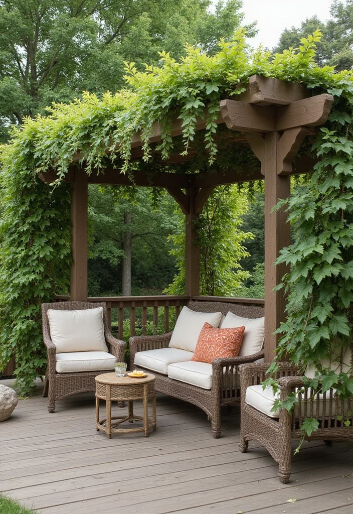 14 Backyard Covered Deck Ideas for Relaxed Outdoor Living 111 14 Backyard Covered Deck Ideas for Relaxed Outdoor Living 11. Pergola with Natural Vines