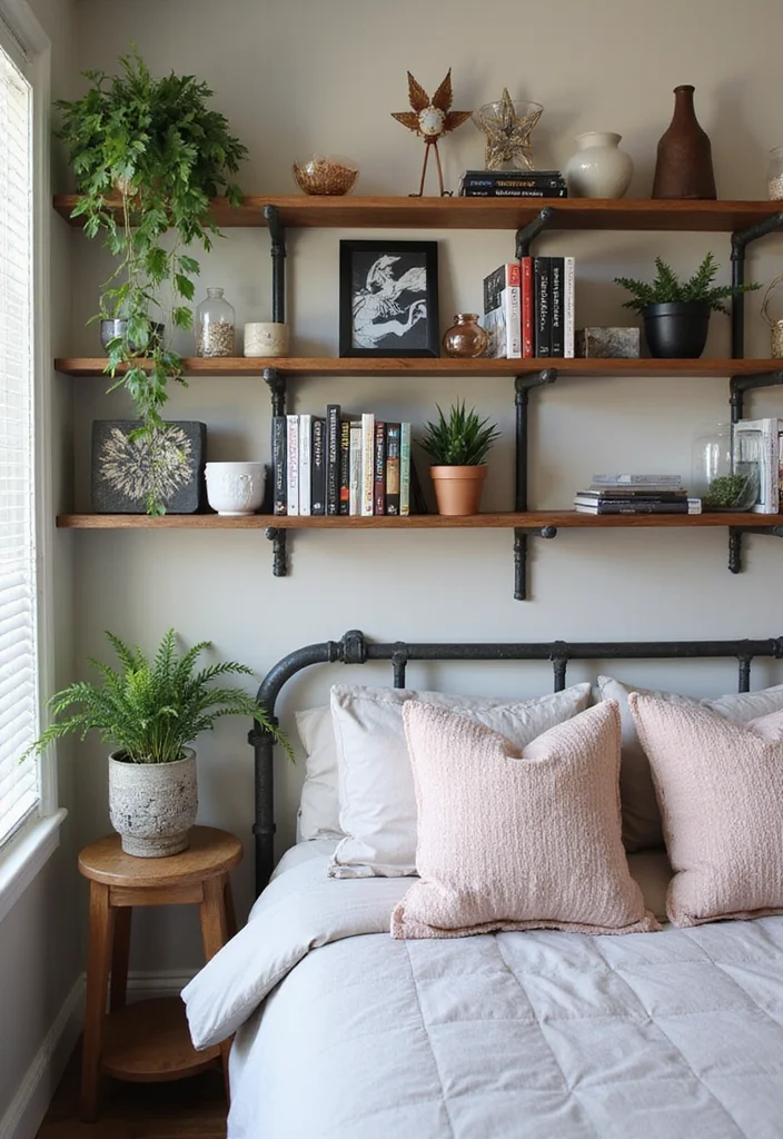 14 Bedroom Wall Shelf Ideas for Storage and Decor 45 14 Bedroom Wall Shelf Ideas for Storage and Decor - 5. Industrial Pipe Shelving for an Edgy Look