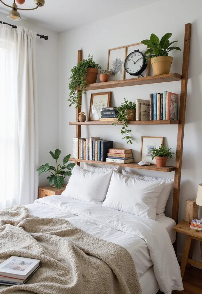 14 Bedroom Wall Shelf Ideas for Storage and Decor 56 14 Bedroom Wall Shelf Ideas for Storage and Decor - 6. Ladder Shelves for a Unique Touch