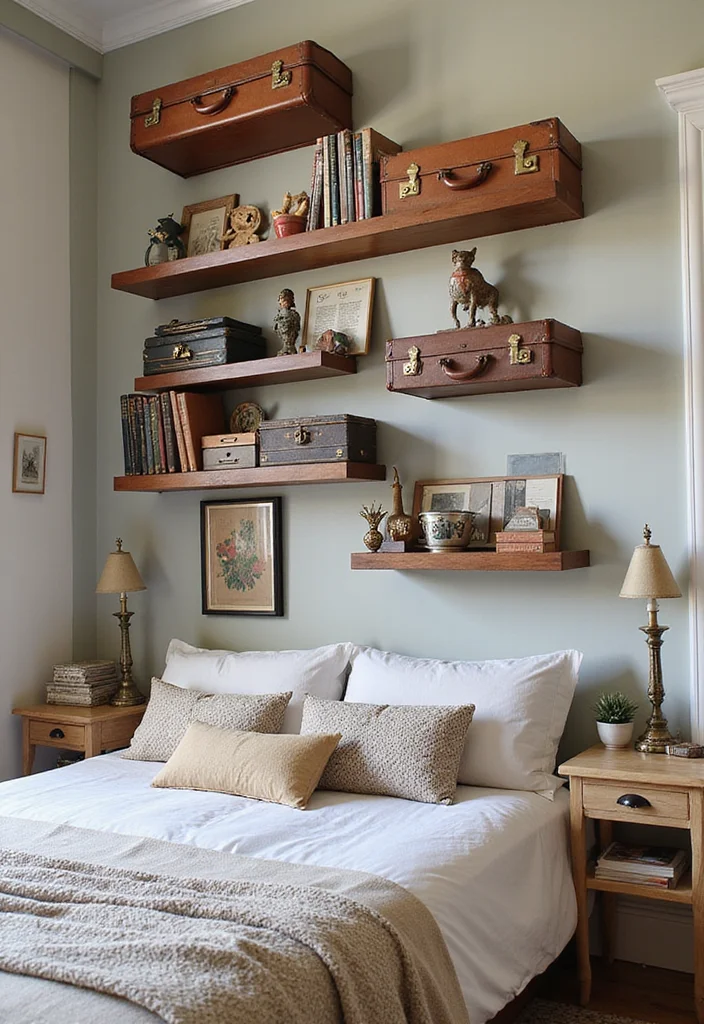 14 Bedroom Wall Shelf Ideas for Storage and Decor 78 14 Bedroom Wall Shelf Ideas for Storage and Decor - 8. Vintage Suitcases for Quirky Storage