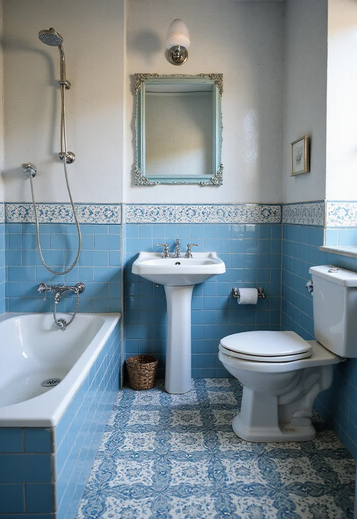 14 Blue Bathroom Tile Ideas That Add Fresh Color and Texture 133 14 Blue Bathroom Tile Ideas That Add Fresh Color and Texture - 13. Vintage Blue Tiles
