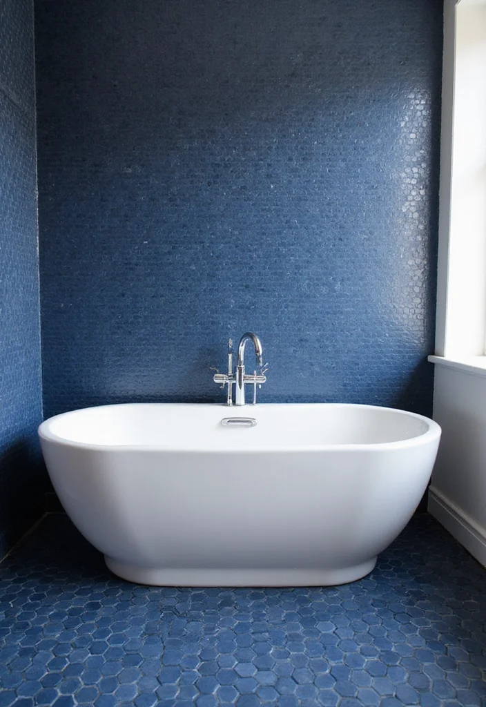 14 Blue Bathroom Tile Ideas That Add Fresh Color and Texture 12 14 Blue Bathroom Tile Ideas That Add Fresh Color and Texture - 2. Bold Navy Blue Hexagonal Tiles
