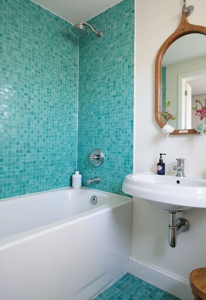 14 Blue Bathroom Tile Ideas That Add Fresh Color and Texture 23 14 Blue Bathroom Tile Ideas That Add Fresh Color and Texture - 3. Turquoise Mosaic Tiles