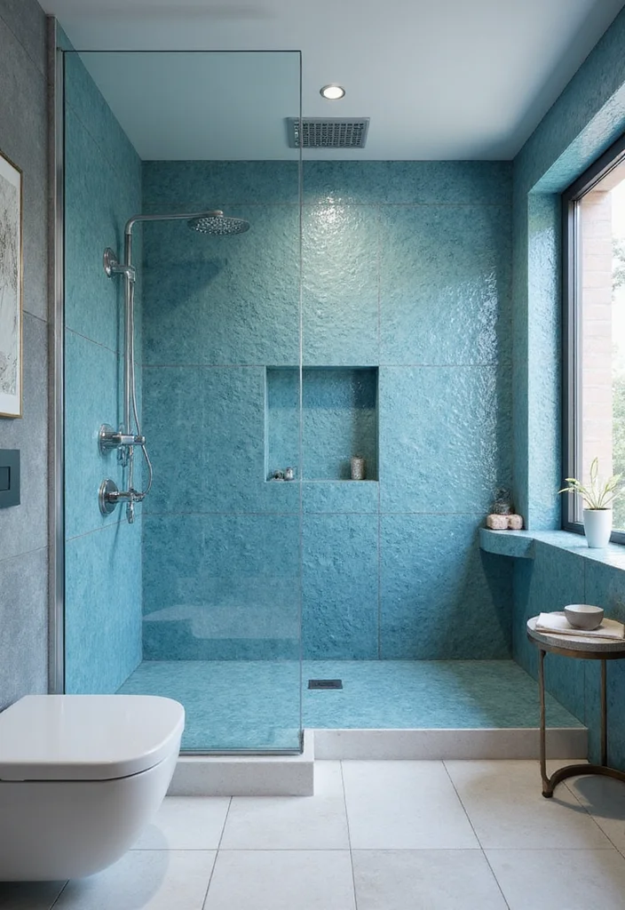 14 Blue Bathroom Tile Ideas That Add Fresh Color and Texture 56 14 Blue Bathroom Tile Ideas That Add Fresh Color and Texture - 6. Textured Blue Glass Tiles