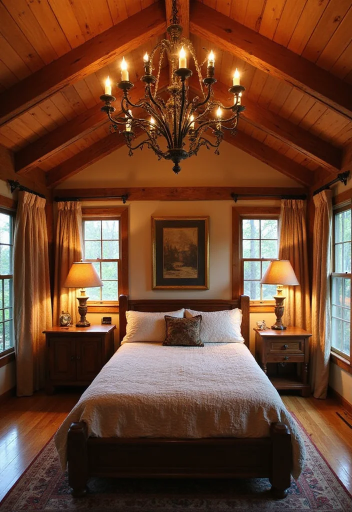14 Cabin Bedroom Ideas for Rustic Warmth and Charm - 4. Statement Lighting Fixtures
