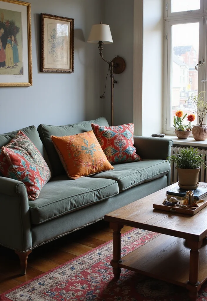14 Eclectic Living Room Ideas for Character and Creativity - 1. Vintage Velvet Sofa: A Touch of Glamour