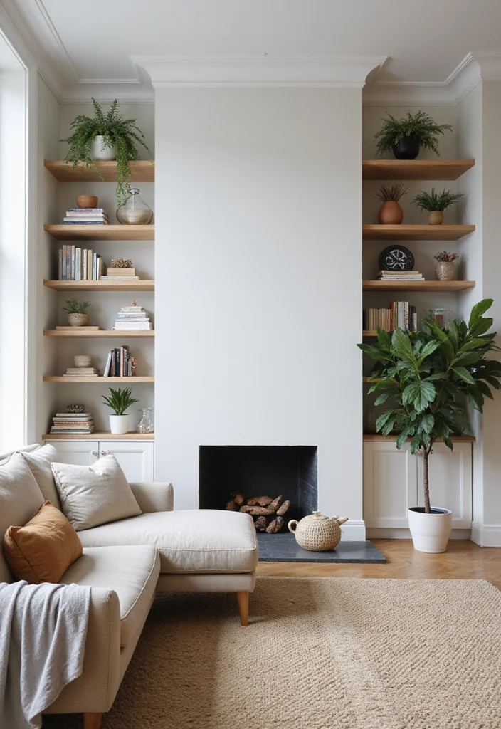 18 Aesthetic Living Room Ideas for Clean Trendy Spaces - 17. Open Shelving with Personal Touches