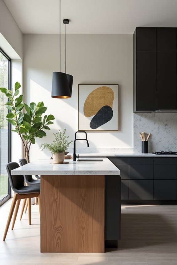 abstract art with gold accents in kitchen