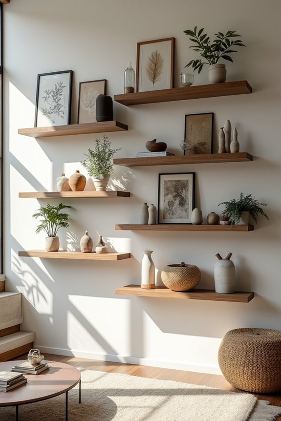 10 Ways to Decorate a Large Living Room Wall 2 floating shelves curated variety