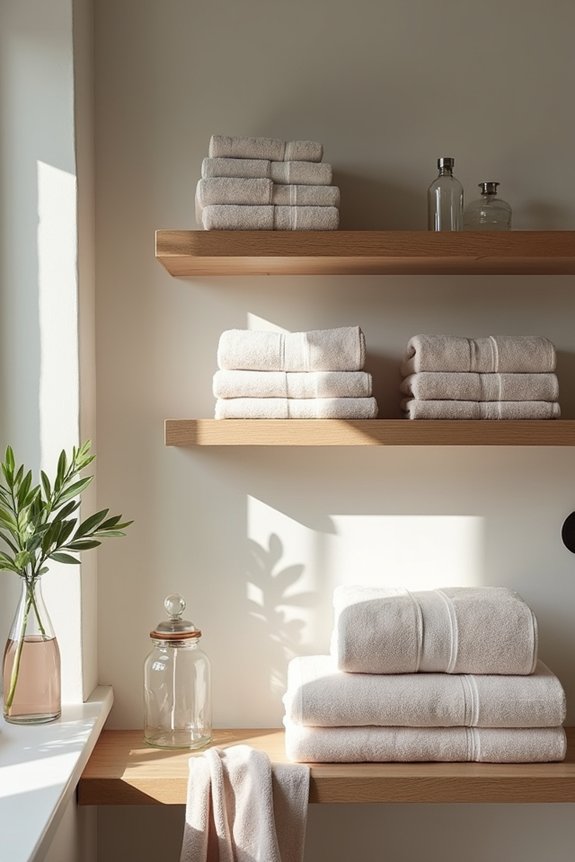 How to Decorate Bathroom Towels With 7 Easy Methods 5 folded towels color rhythm open shelves