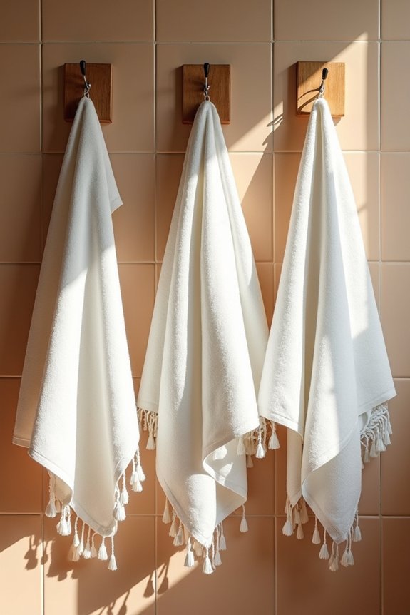 How to Decorate Bathroom Towels With 7 Easy Methods 3 folded towels on staggered wall hooks