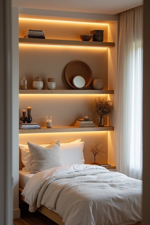 7 Ways to Decorate a Small Bedroom 7 grouped neutral rotating collectibles display