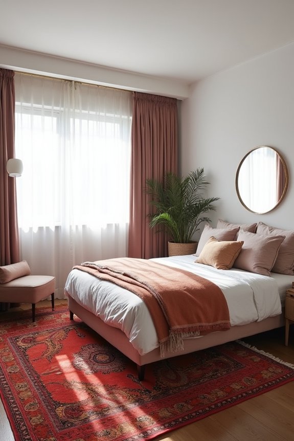 7 Ways to Decorate a Small Bedroom 6 layered rug anchors spacious bedroom feel