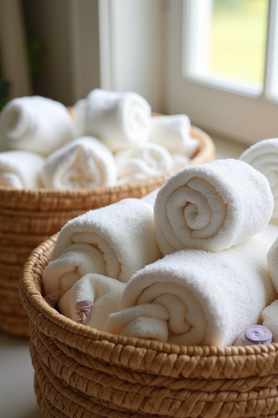 How to Decorate Bathroom Towels With 7 Easy Methods 2 rolled towels in woven baskets